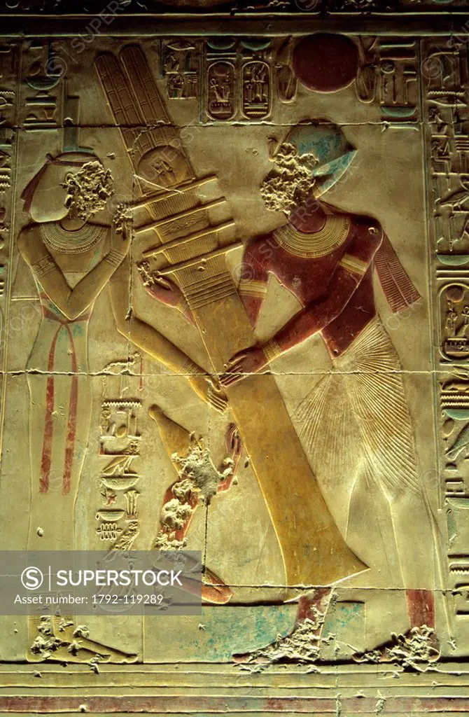 Egypt, Upper Egypt, Nile Valley, Nubia, Abydos Temple, pharaoh Seti I and Isis Goddess raising the Djed Pillar