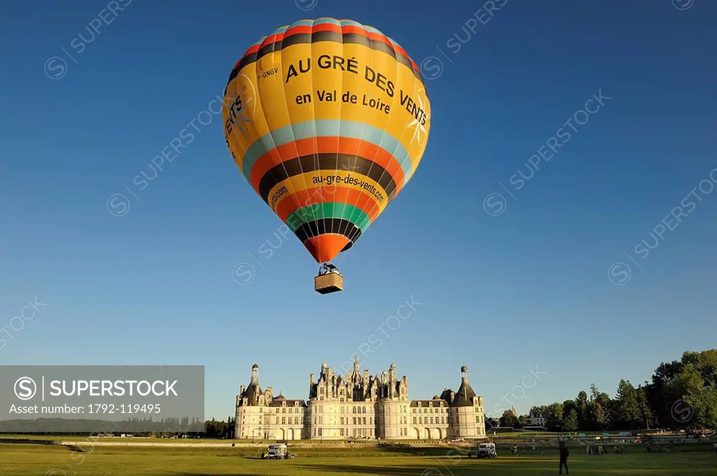 France, Loir et Cher, Loire Valley listed as World Heritage by UNESCO, Chateau de Chambord, air balloon taking off