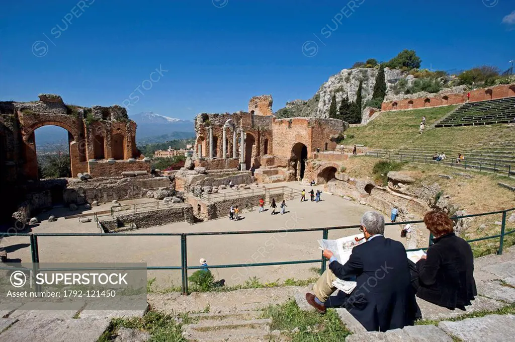 Italy, Sicily, Taormina, Greek theatre with Etna in the background