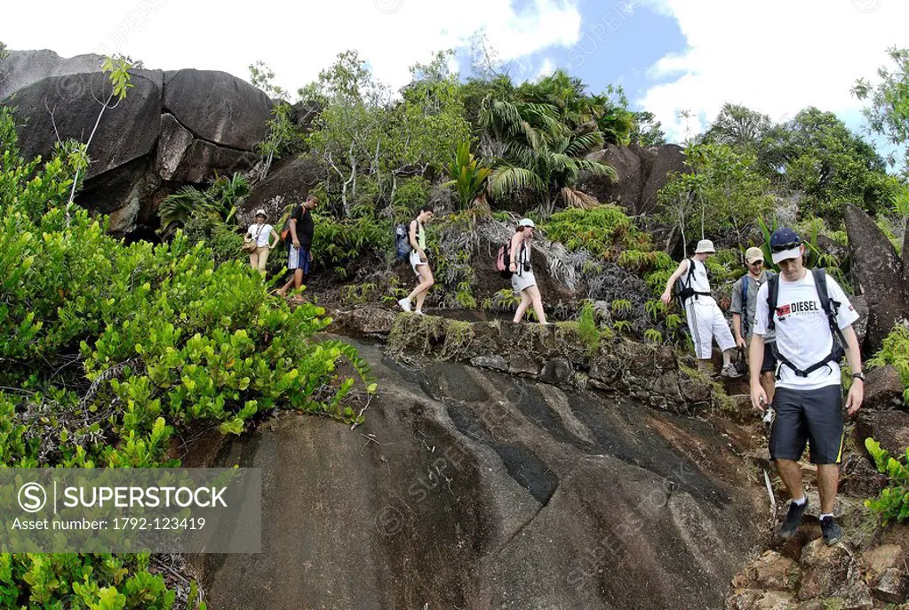 Seychelles, Mahe Island, hiking in the heart of the Morne Seychellois National Park, crossing the granite blocks