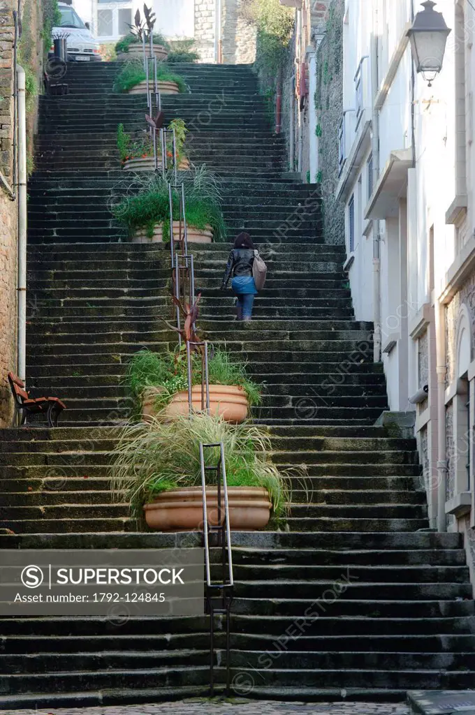France, Finistere, Quimperle, the stairs in rue Madame Moreau