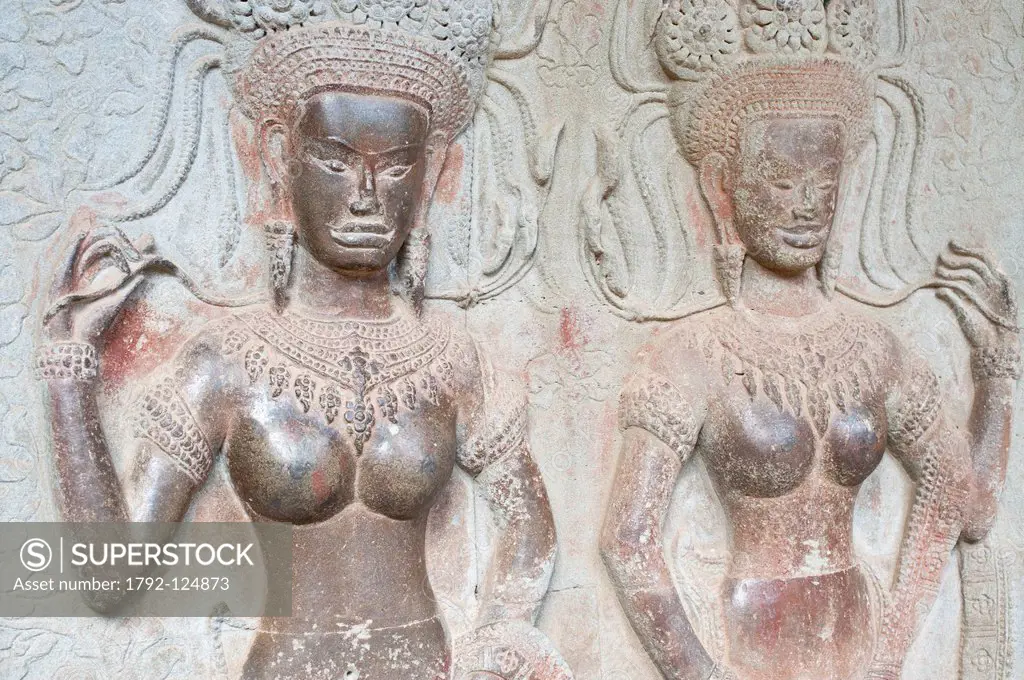 Cambodia, Siem Reap Province, Angkor Temples complex, listed as World Heritage by UNESCO, Angkor Wat Temple of the 12th century, bas relief with apsar...