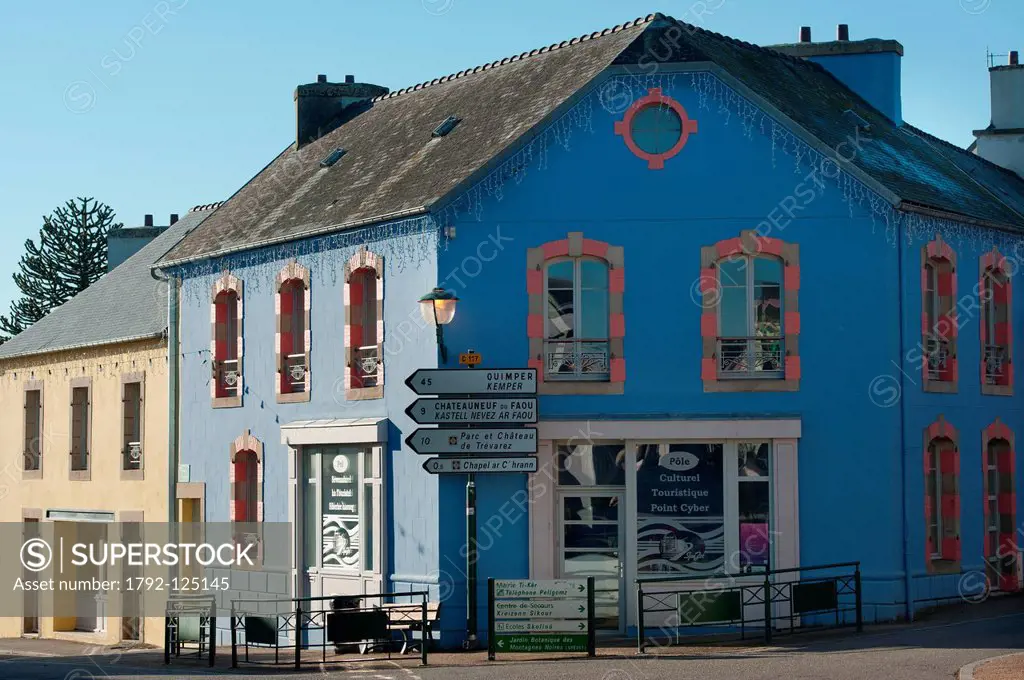 France, Finistere, Spezet, color house in the town, the blue house