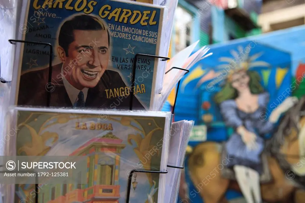 Argentina, Buenos Aires, La Boca district, postcards on the tango theme on Magallanes street near Caminito street