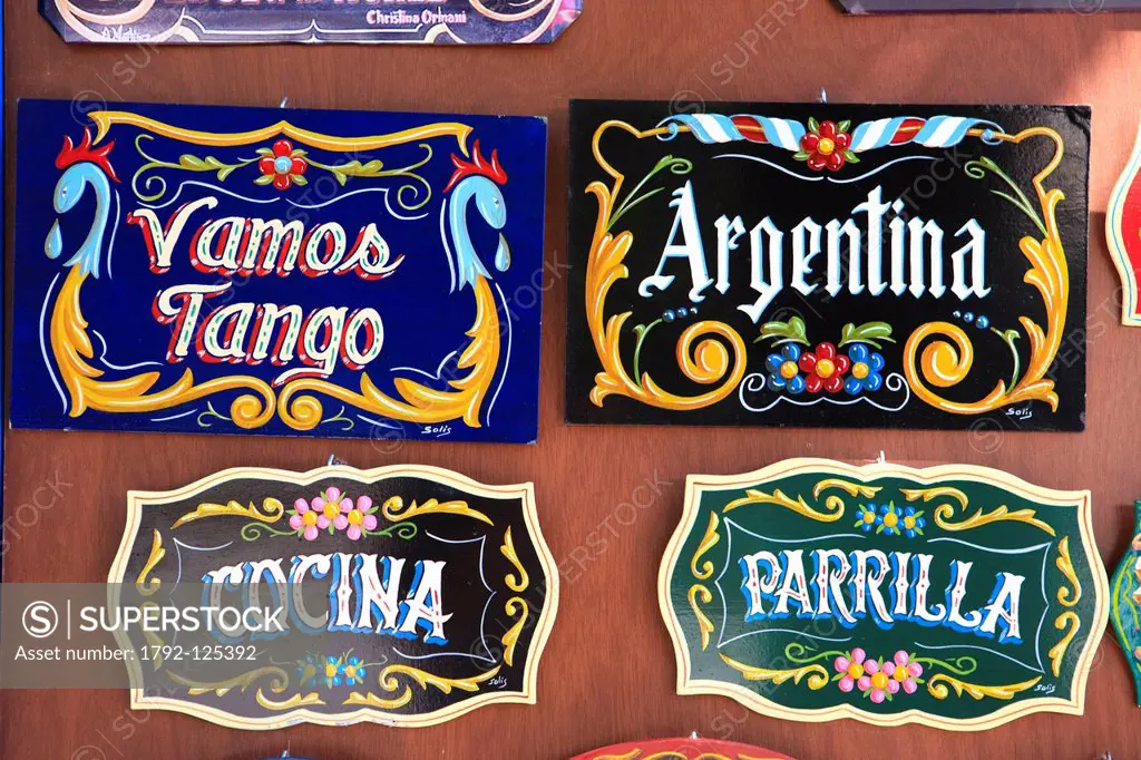 Argentina, Buenos Aires, La Boca district, detail of signs in a souvenir´s shop in Magallanes street near Caminito street