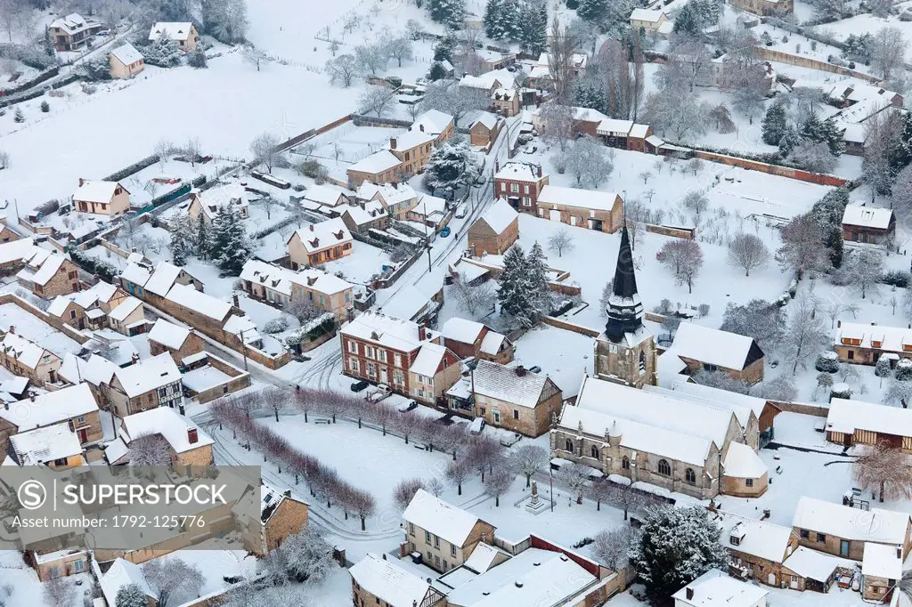 France, Eure, St Pierre de Bailleul in the snow aerial view