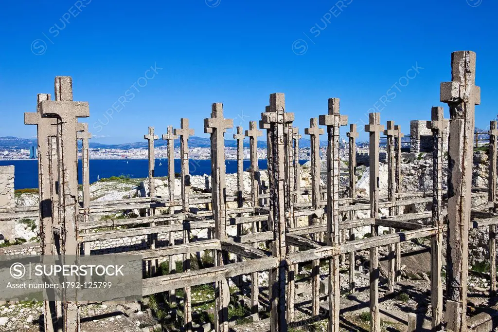 France, Bouches du Rhone, Marseille, Frioul islands, Ratonneau island, Croix Ratonneau, field of crosses at the center of the ruins of a fort built in...