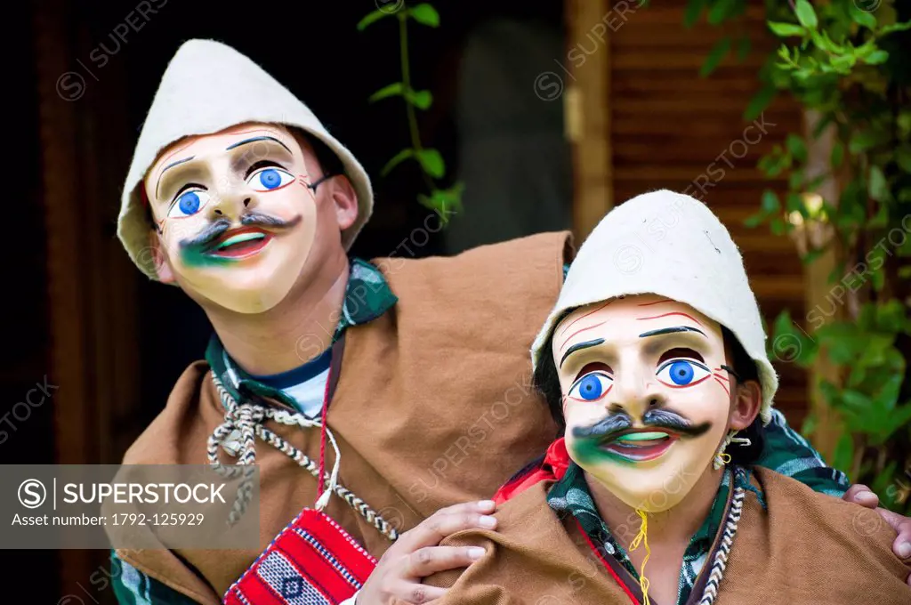 Peru, Cuzco province, Cuzco, listes as World Heritage by UNESCO, dancer interpreting Siqlla, satirical dance mocking of Spanish invaders with blue eye...