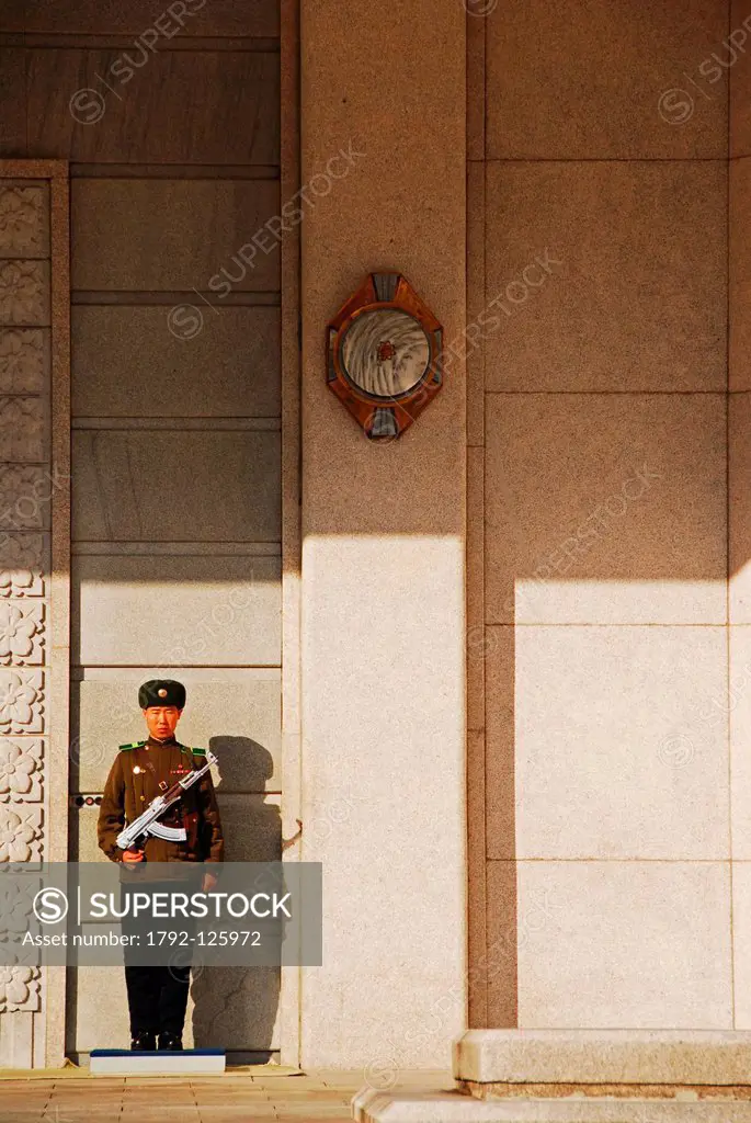 North Korea, Mount Myohyang, guard the entrance to the International Friendship Exhibition Hall, which contains gifts received by their presidents