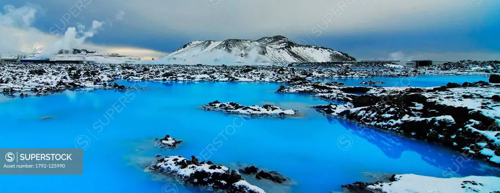 Iceland, Sudurnes Region, Grindavik, the Blue Lagoon, blue color lake in the middle of lava rocky field