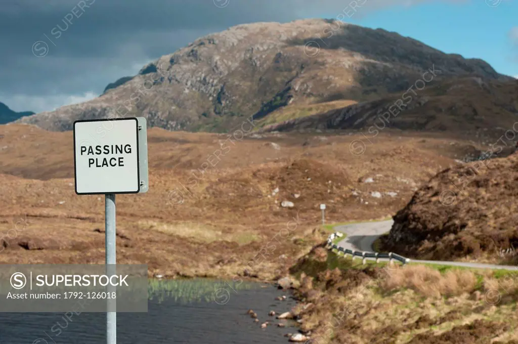United Kingdom, Scotland, Northwest Highlands, Lochinver, passing place panel
