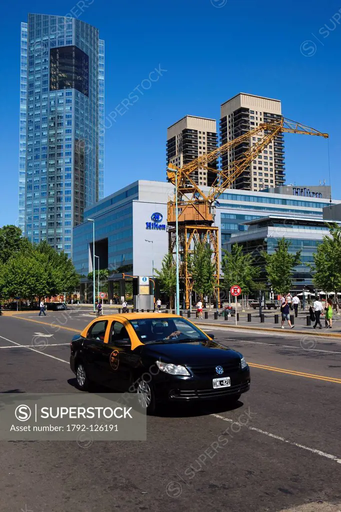 Argentina, Buenos Aires, Puerto Madero district, taxi and sky_scrapers