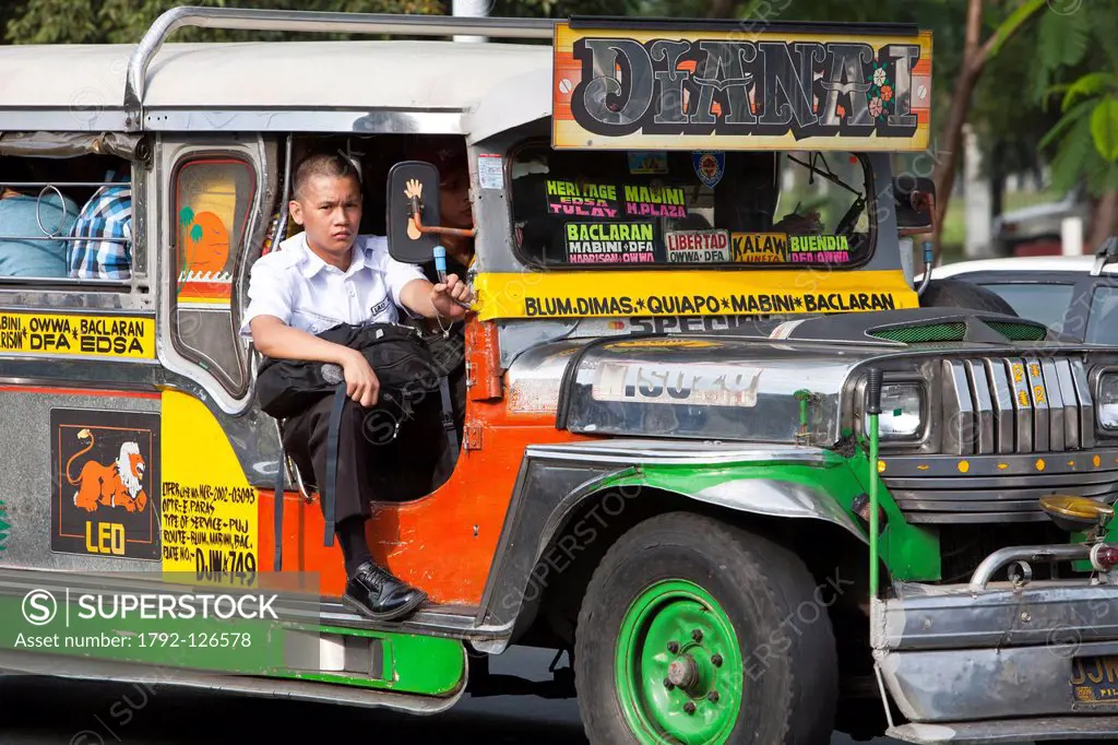 Philippines, Luzon island, Manila, Ermita district, detail of a colorful jeepney jeep extended to carry passengers