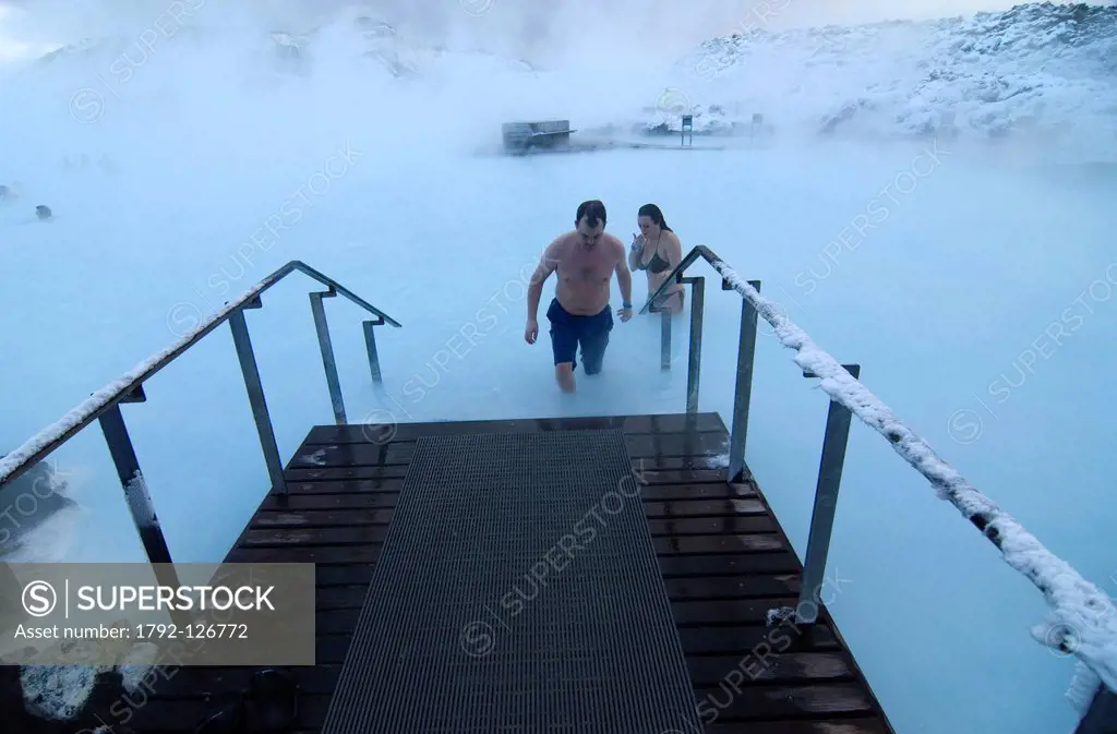 Iceland, Sudurnes Region, Grindavik, the Blue Lagoon, people bathing in steam hot water
