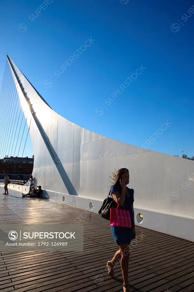 Argentina, Buenos Aires, Puerto Madero district, Puente de la Mujer Bridge of the Woman by architect Santiago Calatrava