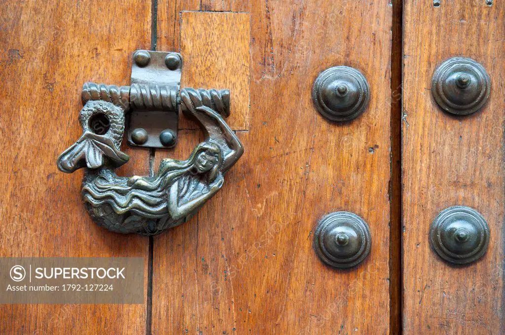 Colombia, Bolivar Department, Cartagena, listed as World Heritage by UNESCO, historical quarter, old town, detail of a door in the street Santo Doming...