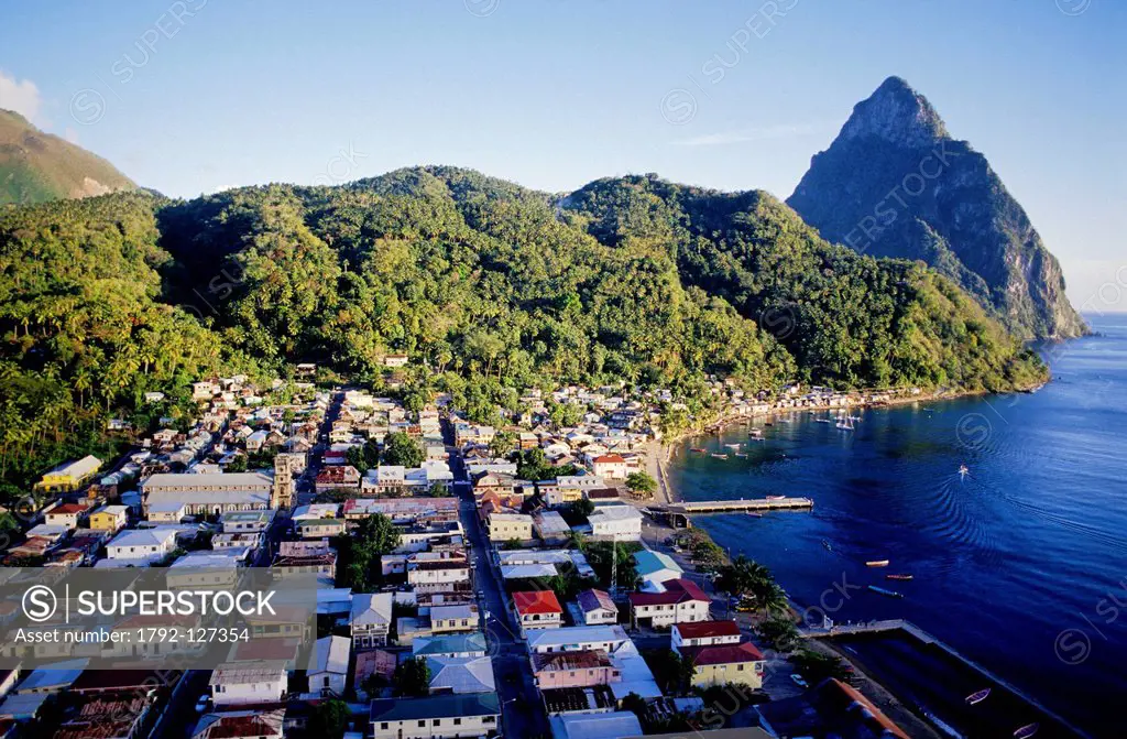 St Lucia Island, City of La Soufriere, the Pitons listed as World Heritage by UNESCO, here Petit Piton Mountain in the background