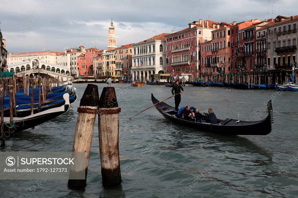 Italy, Veneto, Venice, listed as World Heritage by UNESCO, along the Grand Canal, bricole or bricola wooden pole put in the lagoon