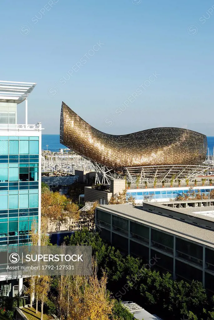 Spain, Catalonia, Barcelona, the Peix or the Ballena Whale by Frank O. Gehry seen from the terrace of Pullman Barcelona Skipper Hotel, Avenida del Lit...