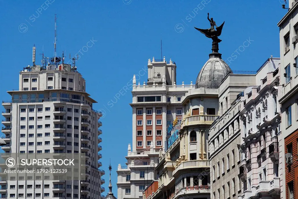 Spain, Madrid, calle Gran Via near plaza de Espaa, on the left Madrid Tower
