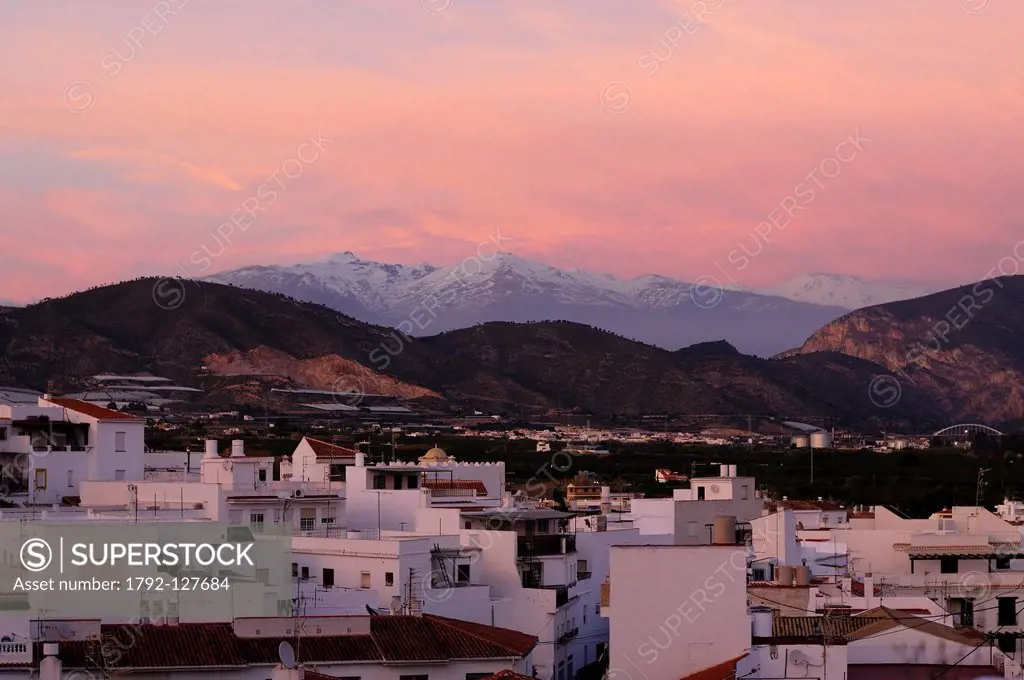 Spain, Andalucia, Sierra Nevada, Salobrena and Sierra Nevada at sunset