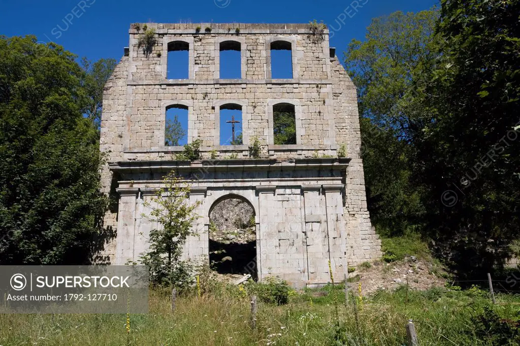 France, Ardeche, Les Sucs area old volcanos, Monts d´Ardeche Regional Natural Park, Le Beage, ruins of the 12th century Bonnefoy Charter house