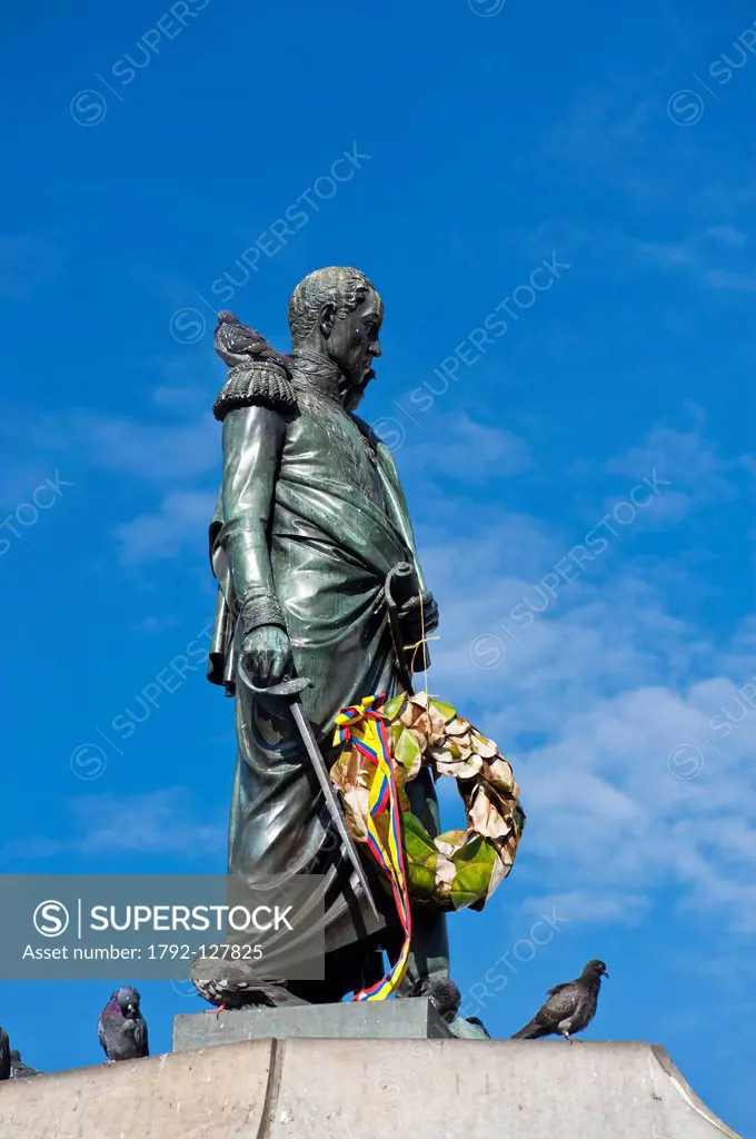 Colombia, Cundinamarca Department, Bogota, Plaza Bolivar, statue of Simon Bolivar General and politician nicknamed the Liberator
