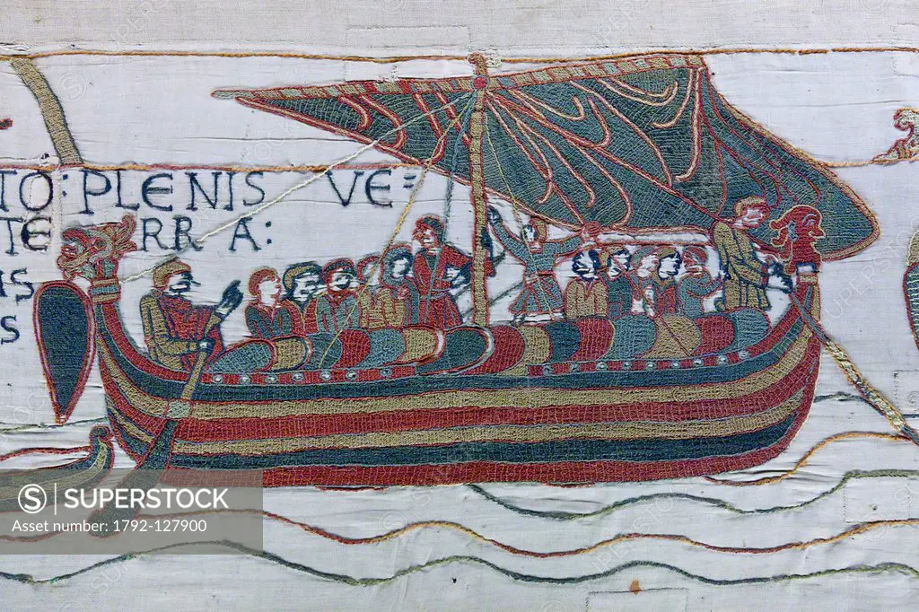France, Calvados, Bayeux, tapestry museum, Bayeux tapestry, tapestry of Queen Mathilde, listed as Memory of the World by UNESCO, Harold, Earl English,...