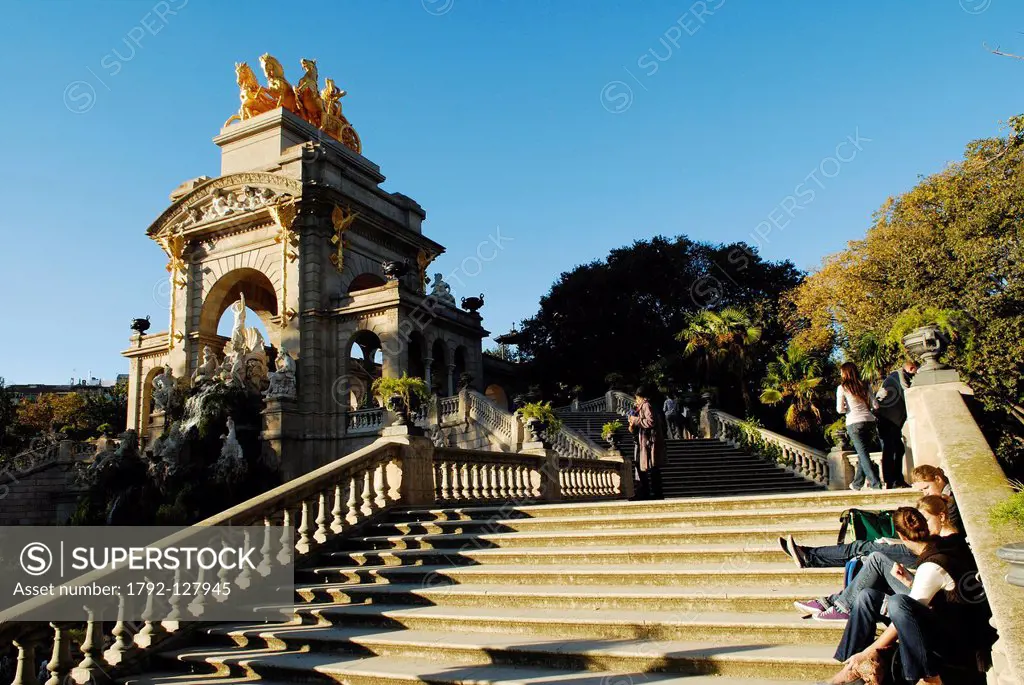 Spain, Catalonia, Barcelona, Ciutadella park, the Cascada, waterfall, erected from 1882 to 1888 by Josep Fontsere, the stairs