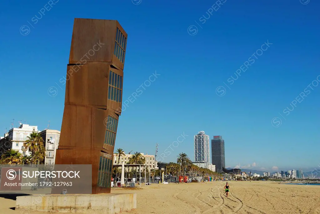 Spain, Catalonia, Barcelona, L´Estel Ferit the Wounded Shooting Star, art installation by Rebecca Horn along Barceloneta Beach