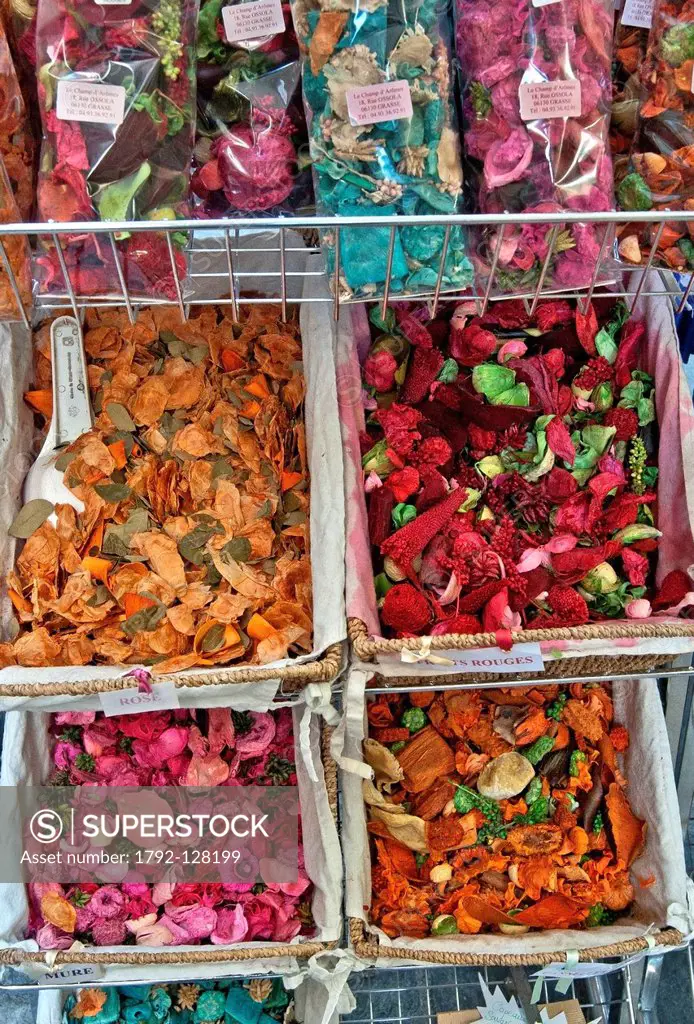 France, Alpes Maritimes, Grasse, Rue Jean Ossola, dried flowers used for potpourri