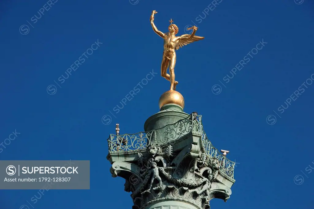 France, Paris, Place de la Bastille, Colonne de Juillet July Column the statue of the Genius