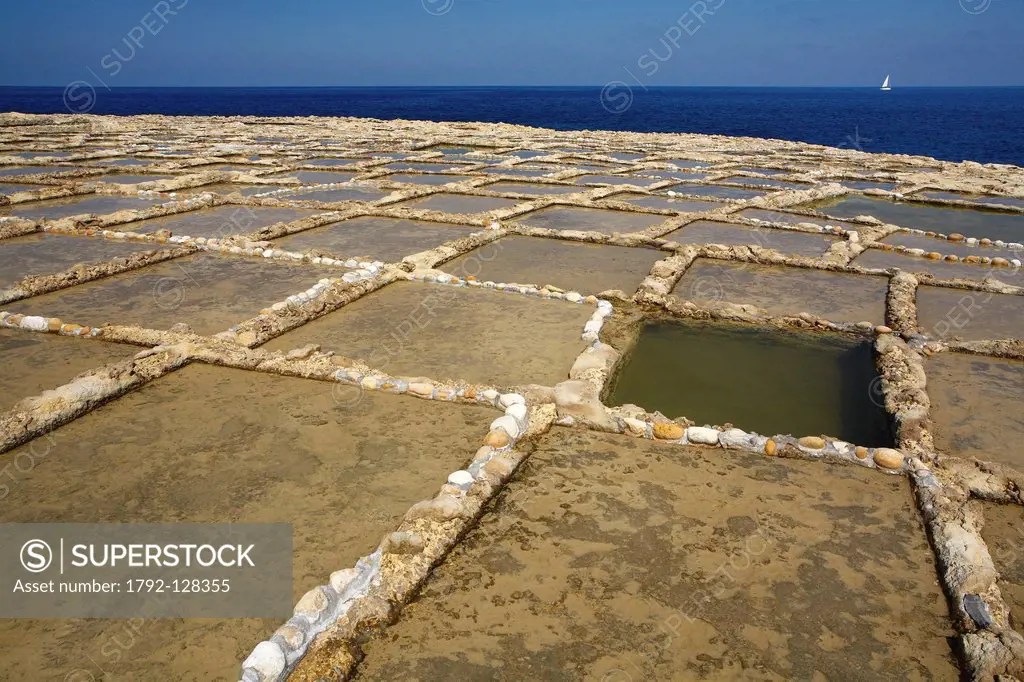 Malta, Gozo Island, Qala, salt marshes carved in the rock