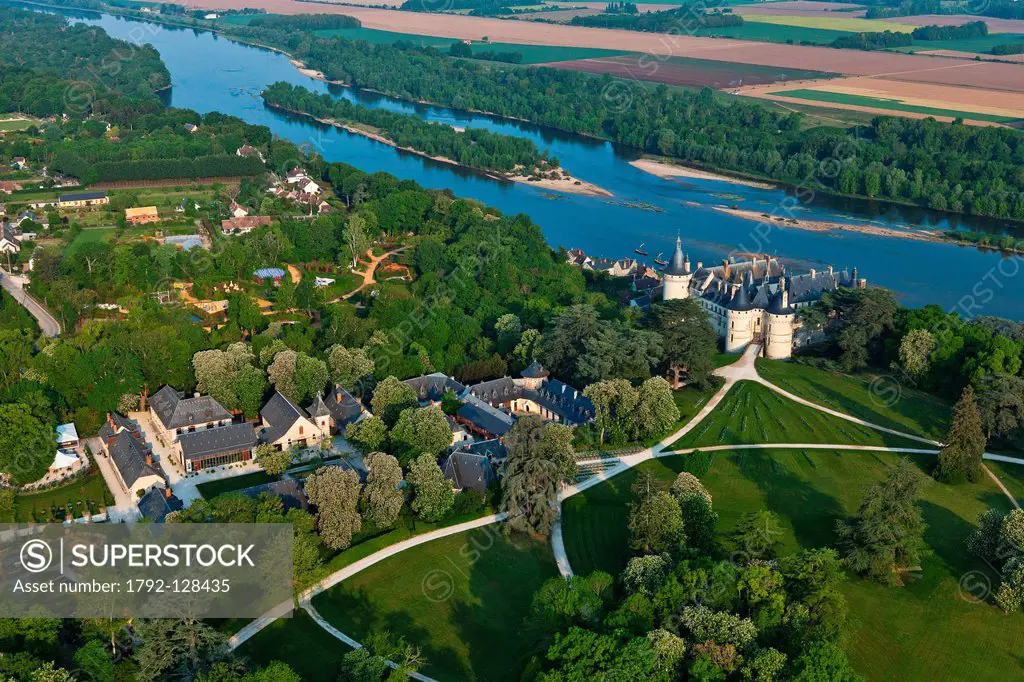 France, Loir et Cher, Loire Valley listed as World Heritage by UNESCO, Chateau de la Loire castles of the Loire, Chateau de Chaumont sur Loire aerial ...