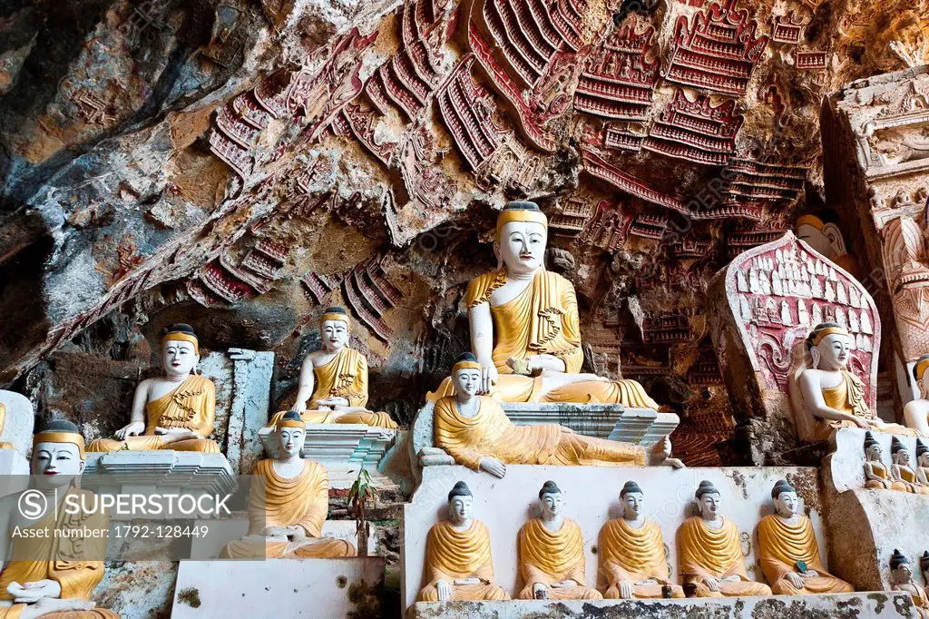 Myanmar Burma, Karen state, Hpa An, buddhas carving in Sadaing cave