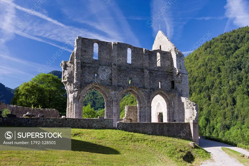 France, Haute Savoie, Chablais, Saint Jean d´Aulps, ruins of the Abbaye d´Aulps in the Dranse de Morzine