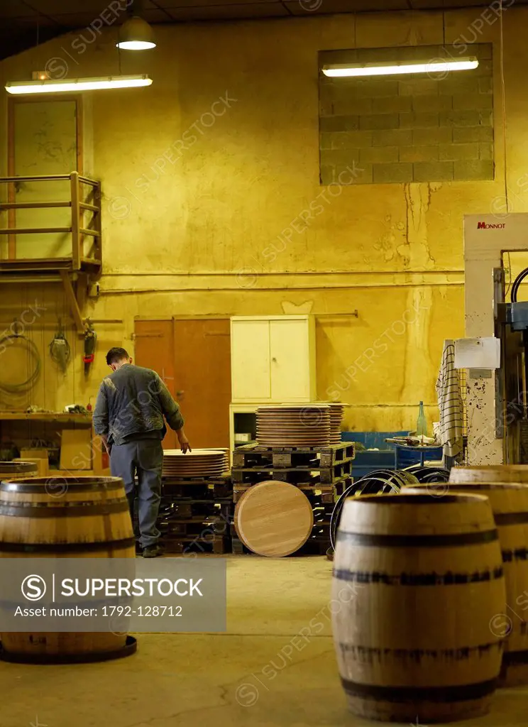 France, Cote d´Or, Beaune, feature: the Cooperage, Tricolored Fire, finished barrels