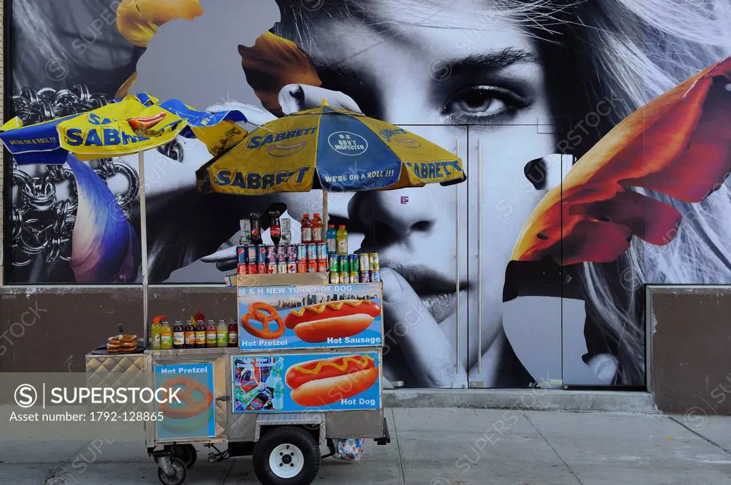 United States, New York City, Manhattan, Meatpacking District Gansevoort Market, Street Food Vendor of hot dog and advertising poster