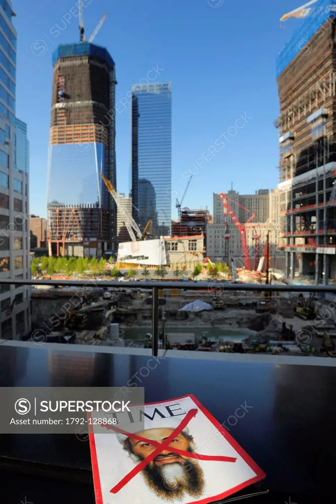 United States, New York City, Manhattan, reconstruction at Ground Zero with the One World Trade Center Freedom Tower, the Time magazine of May 20, 201...