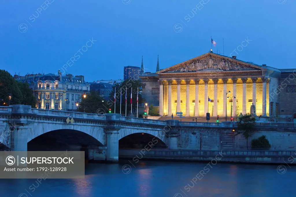 France, Paris, Seine river banks listed as World Heritage by UNESCO, the Pont de la Concorde and the National Assembly Palais Bourbon