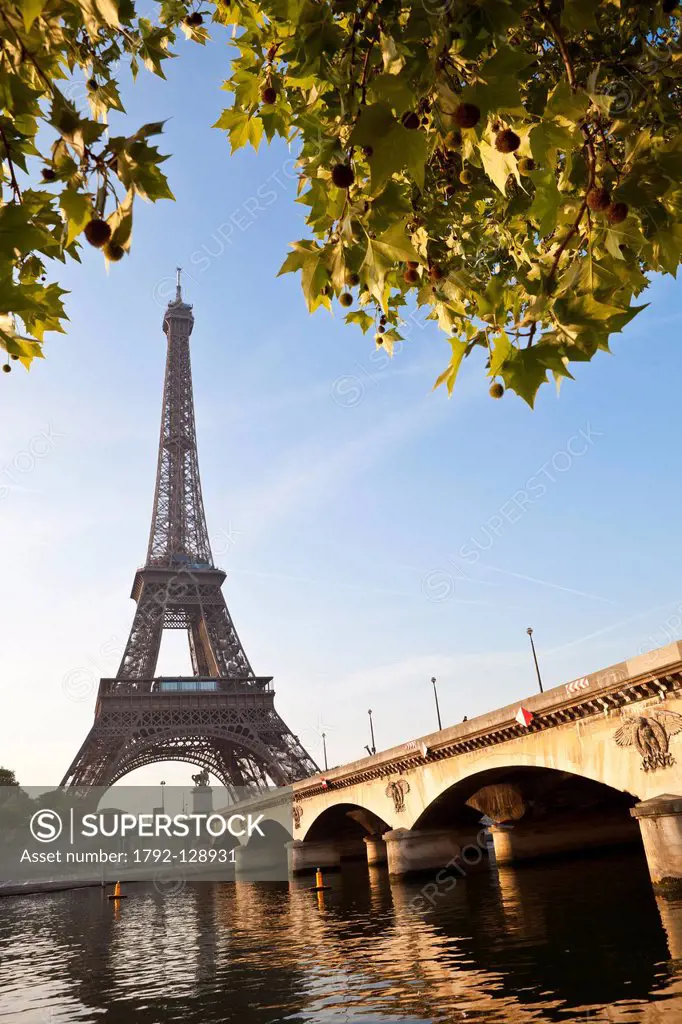 France, Paris, Seine river banks listed as World Heritage by UNESCO, the Iena bridge and the Eiffel Tower