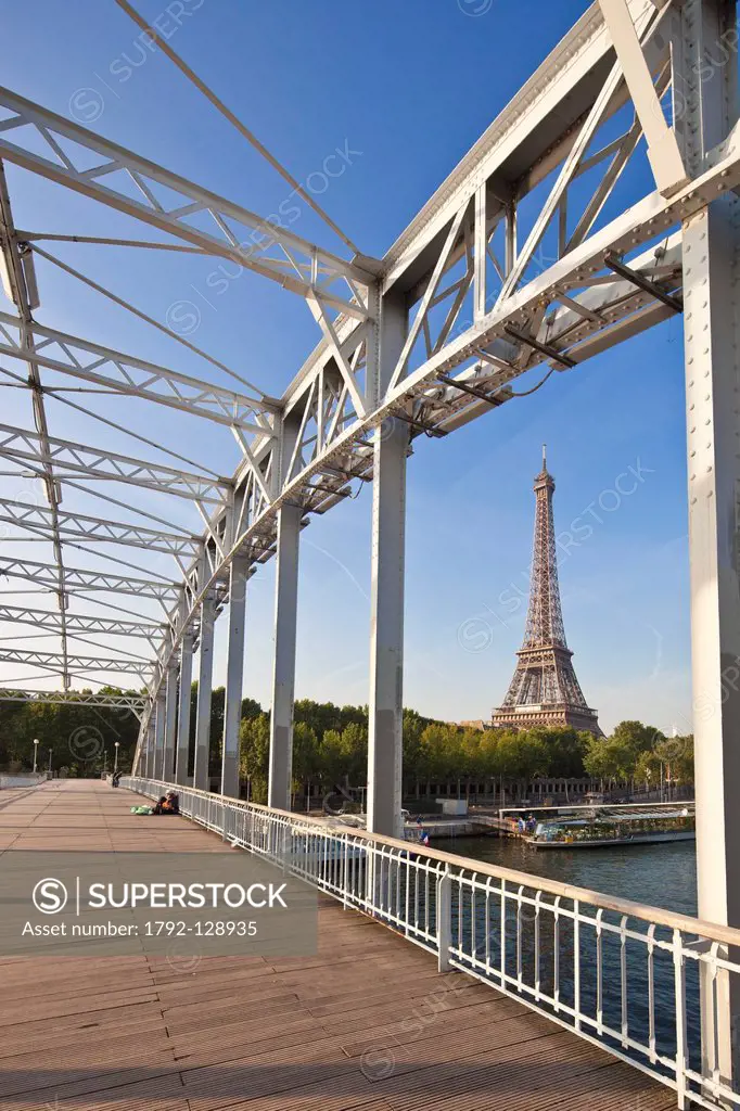 France, Paris, Seine river banks listed as World Heritage by UNESCO, Debilly pedestrian bridge and the Eiffel Tower