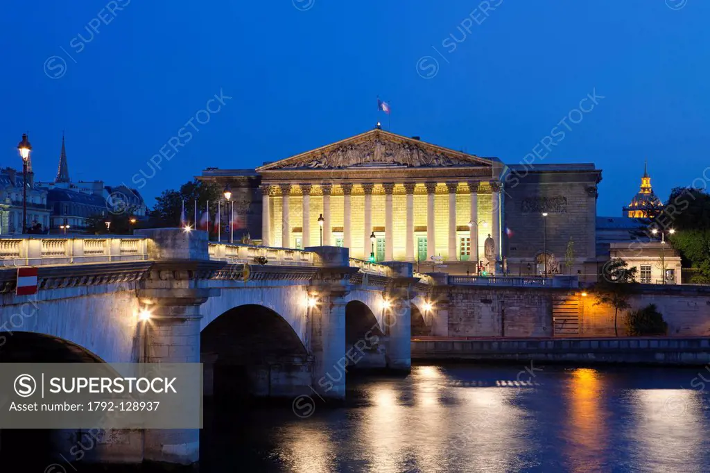 France, Paris, Seine river banks listed as World Heritage by UNESCO, the Pont de la Concorde and the Palais Bourbon the National Assembly