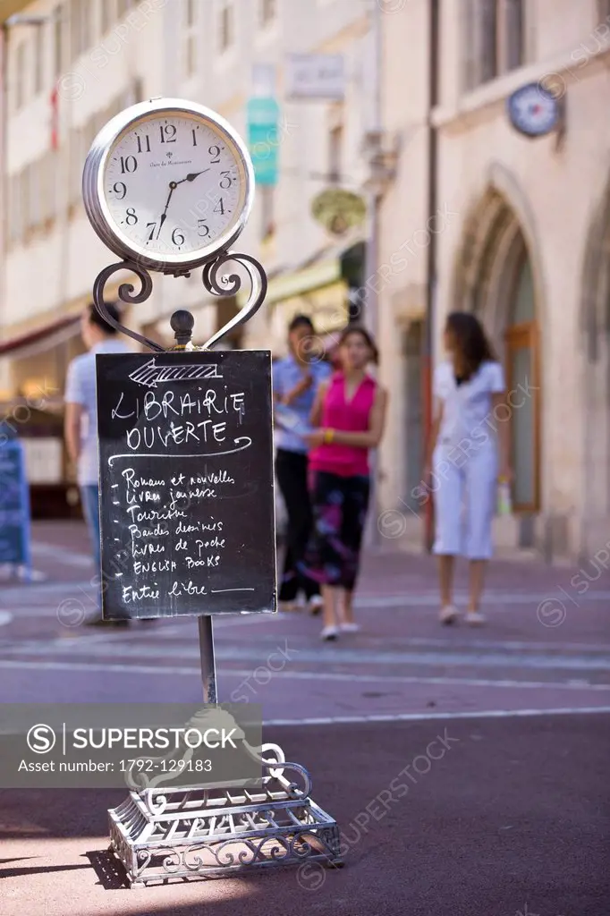 France, Haute Savoie, Chablais, Evian les Bains, pedestrian street, sign of bookshop