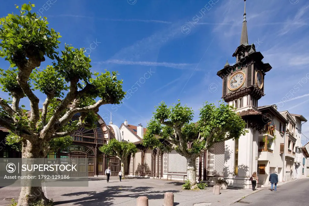 France, Haute Savoie, Chablais, Evian les Bains, Buvette Cachat, masterpiece of the thermal architecture built in 1903, the clock tower