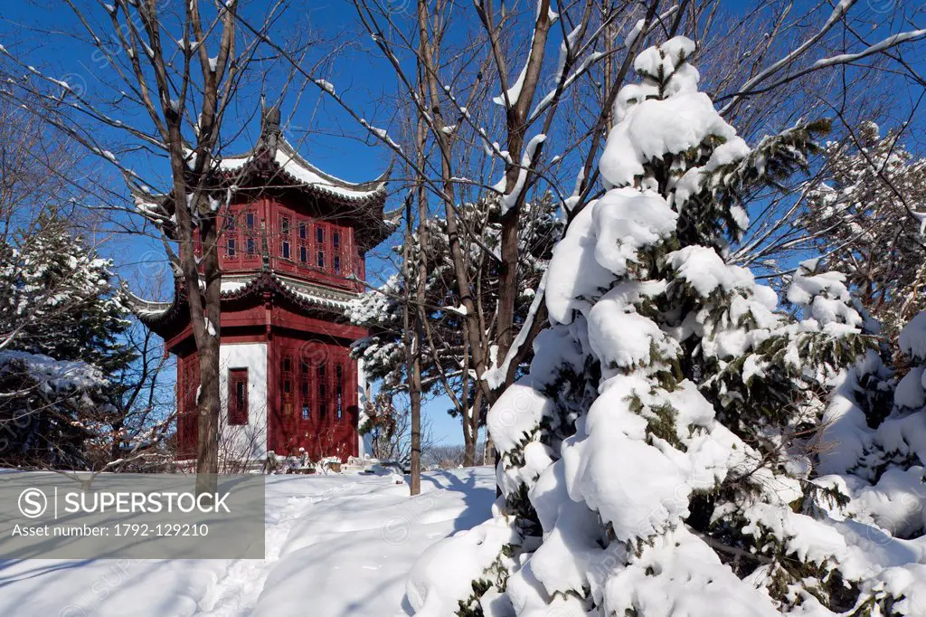Canada, Quebec province, Montreal, the Botanical Garden in the snow, the Chinese garden and pagoda