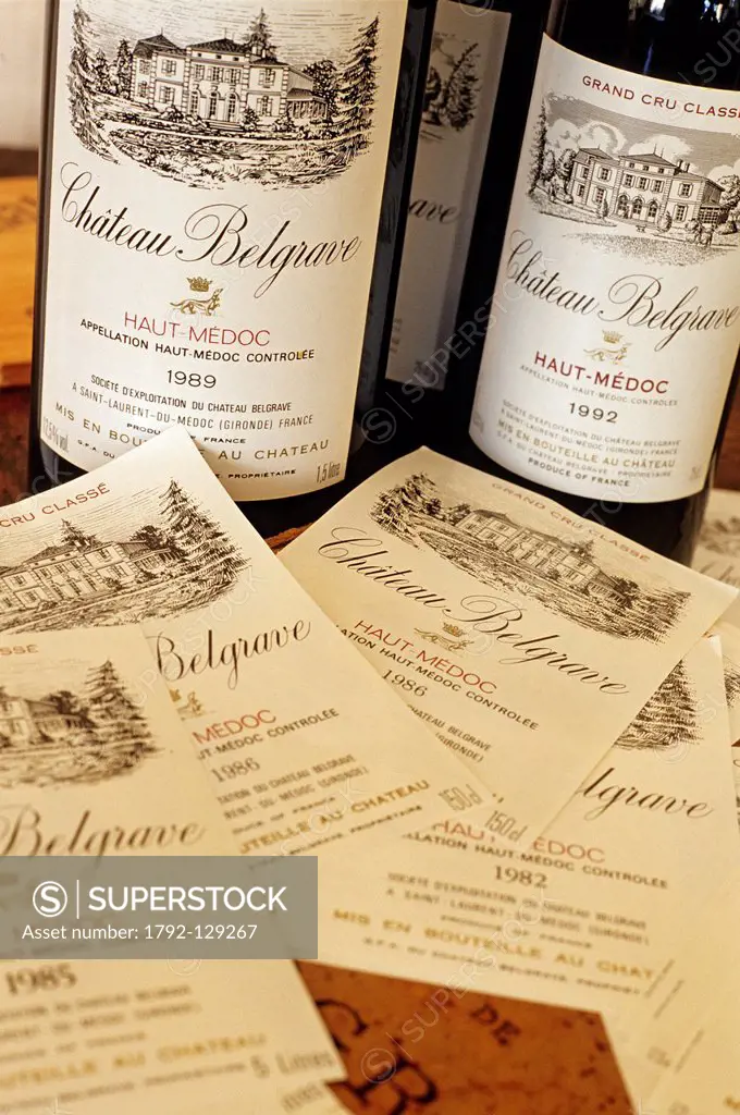France, Gironde, Bordeaux Wine Region, Haut Medoc, Saint Laurent du Medoc, Chateau Belgrave Wine producing domain, bottles of 1989 vintage, labels