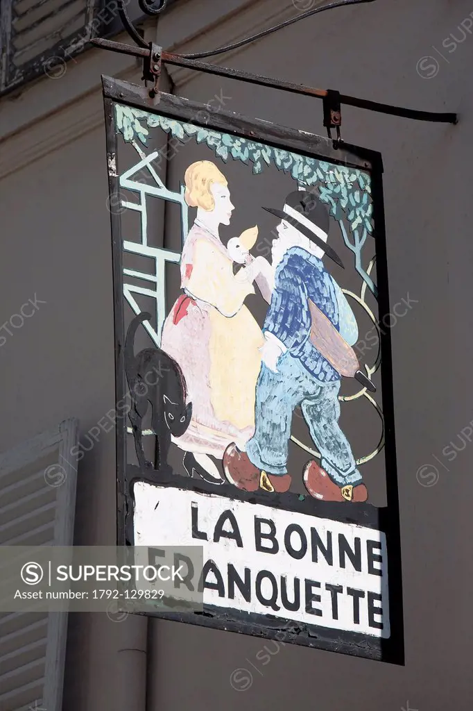 France, Paris, the Butte Montmartre, sign of the restaurant La Bonne Franquette on Saules street