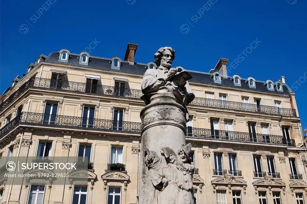 France, Paris, bust of drawer Paul Gavarni and faade of a building located on St Georges square