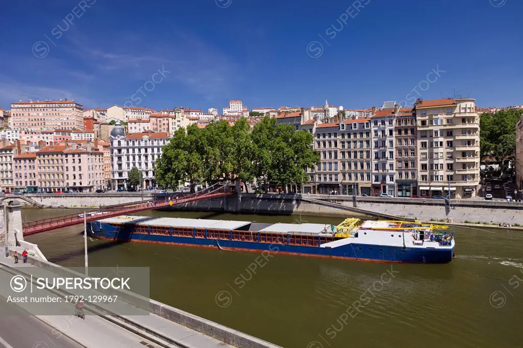 France, Rhone, Lyon, historical site listed as World Heritage by UNESCO, Quai St Vincent and Passerelle St Vincent over the Saone River and the Croix ...